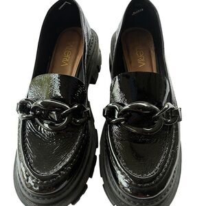 Vicenza Black Patent Chunky Loafers | Lug Sole | Chain Detail | Size 9